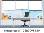 Open space office workplace interior, Working desk in city with sky scrapper and river view.