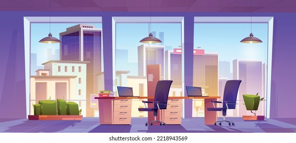 Open space office workplace interior with tables, laptops, chairs, task board, plants front of wide floor-to-ceiling window with city view. Coworking for business people Cartoon vector illustration