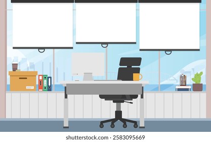 Open space office workplace interior, Working desk in city with sky scrapper and river view.