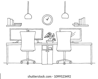 Open Space office. Workplaces outdoors. Tables, chairs. Vector illustration in a sketch style.