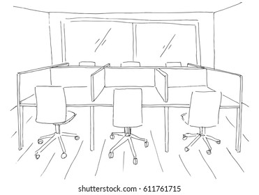 Open Space office. Workplaces outdoors. Tables, chairs and windows. Vector illustration in a sketch style.