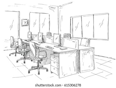 Open Space office. Workplaces outdoors. Tables, chairs and windows. Vector illustration in a sketch style.