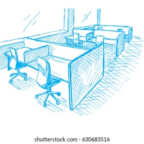 Open Space office. Workplaces outdoors. Tables, chairs and windows. Vector illustration in a sketch style.