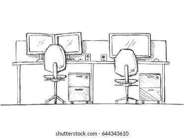 Open Space office. Workplaces outdoors. Tables, chairs. Vector illustration in a sketch style.