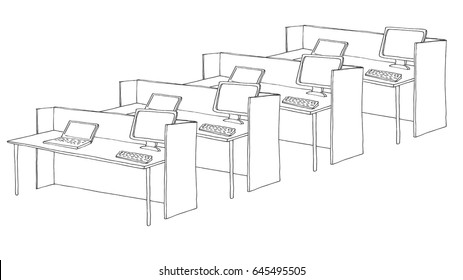 Open Space office. Workplaces outdoors. Tables, chairs and windows. Vector illustration in a sketch style.