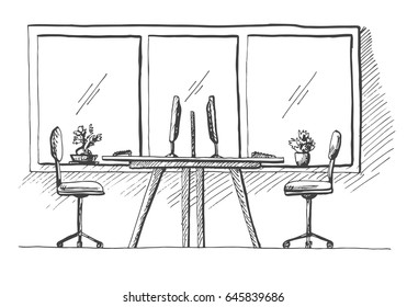 Open Space office. Workplaces outdoors. Tables, chairs. Vector illustration in a sketch style.
