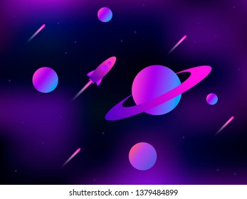 Open space. Planets, meteors and space rocket. Space exploration. Modern trend gradient. Vector illustration