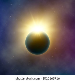 Open space. Realistic beautiful solar eclipse. Abstract star eclipse effect. Vector background