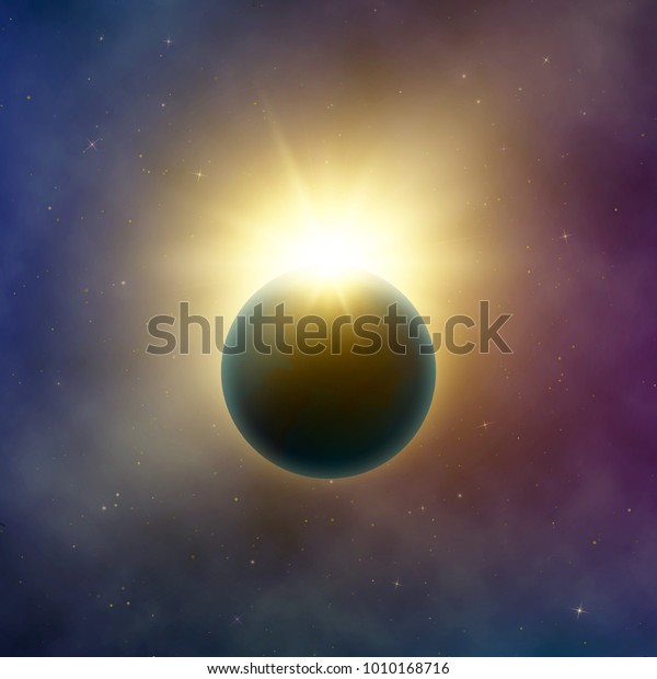 Open space. Realistic beautiful\
solar eclipse. Abstract star eclipse effect. Vector\
background