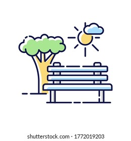 Open space RGB color icon. Public park with bench to sit. Urban ground for recreation. Eco friendly place for relaxation. Rest on chair in city nature area. Isolated vector illustration