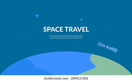 Open space with satellite and planet Earth. The inscription is Space travel. Web banner. Hand drawn vector illustration