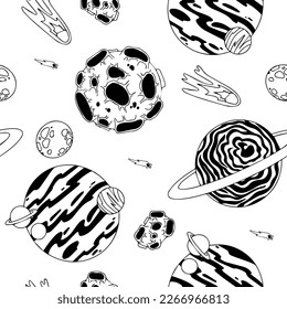 Open space. UFOs, spaceships, rockets. Solar system, Intergalactic travel. Galaxies, planets, asteroids, comets, shooting stars. Black and white pattern. Vector.