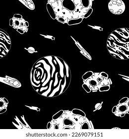 Open space. UFOs, spaceships, rockets. Solar system, Intergalactic travel. Galaxies, planets, asteroids, comets, shooting stars. Black and white pattern. Vector.