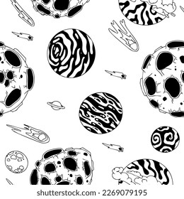 Open space. UFOs, spaceships, rockets. Solar system, Intergalactic travel. Galaxies, planets, asteroids, comets, shooting stars. Black and white pattern. Vector.