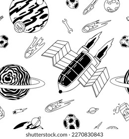 Open space. UFOs, spaceships, rockets. Solar system, Intergalactic travel. Galaxies, planets, asteroids, comets, shooting stars. Black and white pattern. Vector.