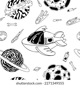 Open space. UFOs, spaceships, rockets. Solar system, Intergalactic travel. Galaxies, planets, asteroids, comets, shooting stars. Black and white pattern. Vector.