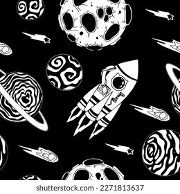 Open space. UFOs, spaceships, rockets. Solar system, Intergalactic travel. Galaxies, planets, asteroids, comets, shooting stars. Black and white pattern. Vector.