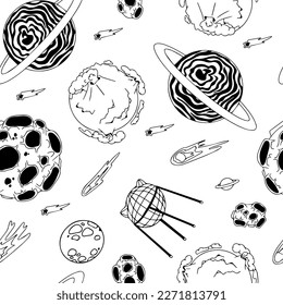 Open space. UFOs, spaceships, rockets. Solar system, Intergalactic travel. Galaxies, planets, asteroids, comets, shooting stars. Black and white pattern. Vector.