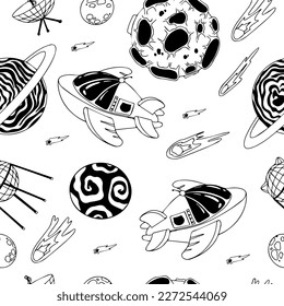 Open space. UFOs, spaceships, rockets. Solar system, Intergalactic travel. Galaxies, planets, asteroids, comets, shooting stars. Black and white pattern. Vector.