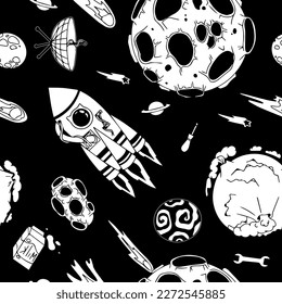 Open space. UFOs, spaceships, rockets. Solar system, Intergalactic travel. Galaxies, planets, asteroids, comets, shooting stars. Black and white pattern. Vector.