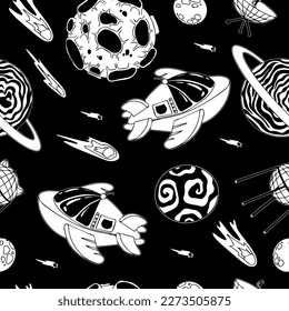 Open space. UFOs, spaceships, rockets. Solar system, Intergalactic travel. Galaxies, planets, asteroids, comets, shooting stars. Black and white pattern. Vector.