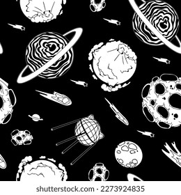 Open space. UFOs, spaceships, rockets. Solar system, Intergalactic travel. Galaxies, planets, asteroids, comets, shooting stars. Black and white pattern. Vector.