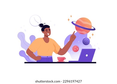 Open space violet concept with people scene in the flat cartoon style. Woman take part in scientific-research work and study open space. Vector illustration.