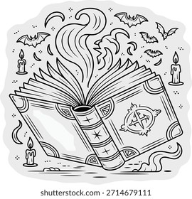 Libro de hechizos abierto con murciélagos y velas de brujería mágica