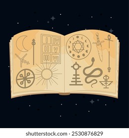 Open spell book with mystical symbols and dark background, Vector