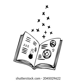 Open spellbook in doodle style. Black and white vector illustration on isolated background.