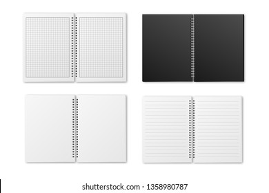 Open spiral A4 notebook, realistic vector mock-up. Vector note pad or diary line and square paper page with binder 
