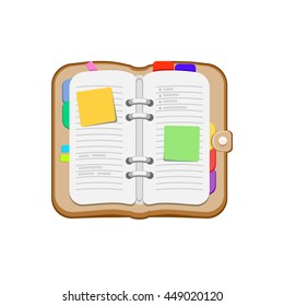 Open spiral diary, notebook or personal organizer. Notepad with stickers, bookmark. Vector icon isolated on a white background. 