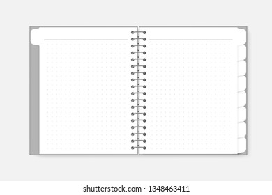 Open spiral dot grid notebook with tab dividers, vector mock-up. Wire bound white paper notepad with bookmark pages, template.