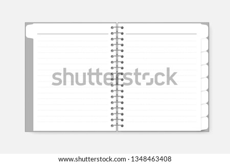 Open spiral dotted lined notebook with tab dividers, vector mockup. Wire bound bookmark sheet diary spread, template.