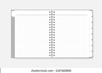 Open spiral grid lined notebook with divider tabs, vector mockup. Wire bound white squared paper diary with bookmark pages, template.