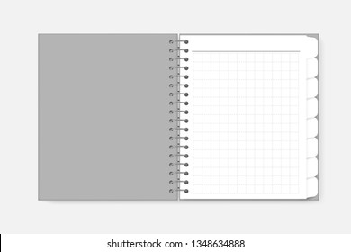 Open spiral grid lined notebook with divider tab pages, realistic mock-up. Wire bound white squared paper notepad, vector template.