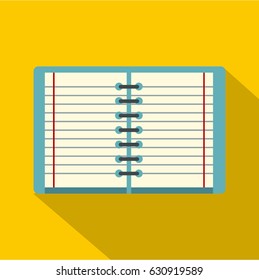 Open spiral lined notebook icon. Flat illustration of open spiral lined notebook vector icon for web on yellow background