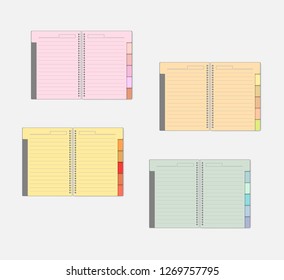 Open spiral notebook with color pages and tab dividers, mockup set. Wire bound multicolored lined note books with bookmarks, mock-up