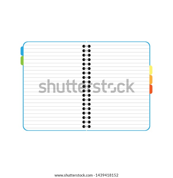 Open spiral notebook in flat design. Lined\
notebook with subject dividers isolated on white background. School\
concept. Vector\
illustration.