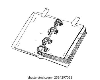 Offenes Spiralheft, Notizblock mit leeren Seiten. Geschäftsführer, Planer, Tagebuch im Vintage-Stil. Umrissene Vektorgrafik mit Trennlinien und Tags, einzeln auf weißem Hintergrund