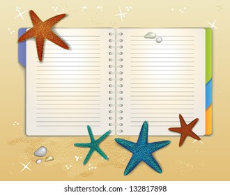 Open Spiral Notebook on a Sandy Beach, with colorful starfishes and shiny pebbles