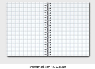 Open spiral notebook in square box with shadow.