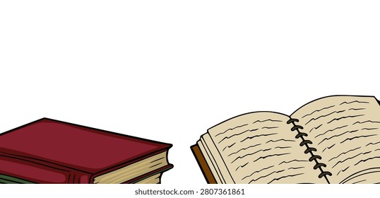 Open spiral notebook and stack of books vector illustration