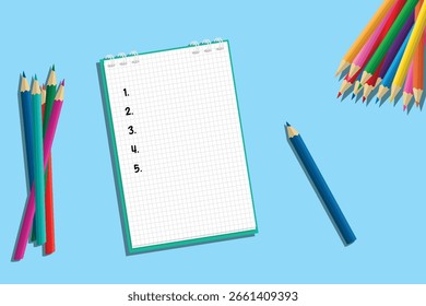 Aberto caderno espiral cercado por lápis coloridos no fundo azul brilhante. Vista superior plana da escola ou espaço de trabalho criativo. Ilustração vetorial para voltar à escola ou tema de educação. Copiar espaço