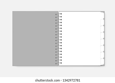 Open spiral notebook with tab divider pages, mockup. White blank wire bound diary, vector template.