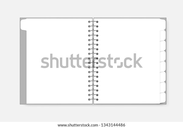 Open\
spiral notebook with tab divider pages letter size, vector mockup.\
White blank wire bound notepad spread,\
template.