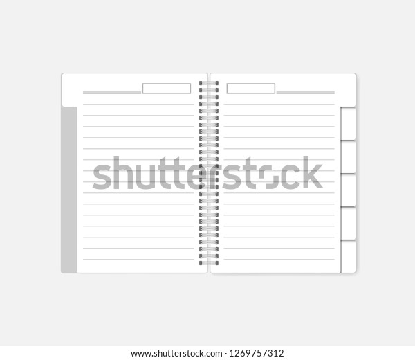 Open spiral notebook with tab dividers, mockup.\
White notepad with bookmarks, template. Wire bound lined diary with\
date header, mock-up