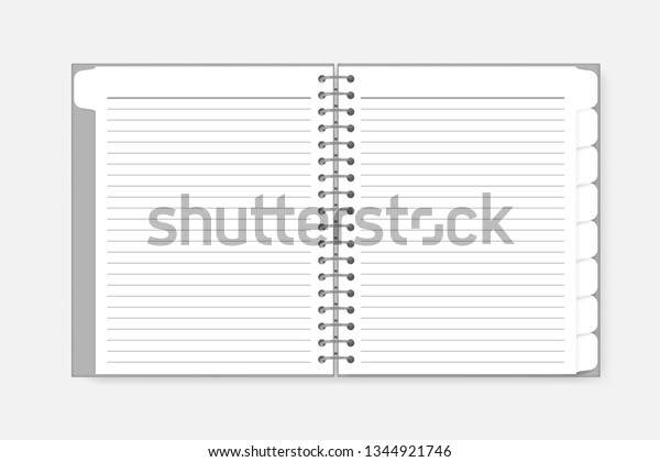 Open spiral notebook\
with tab dividers, vector mockup. Wire bound diary with white lined\
pages, template.