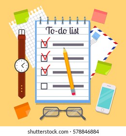 Open spiral notebook with to-do list template, pencil, glasses, wristwatch, post it notes, envelope, smartphone and piece of paper. EPS10 vector illustration in flat style.