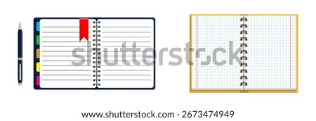 Open spiral notebooks with pen, one lined and one graph, for office, school, business studies and education concepts.